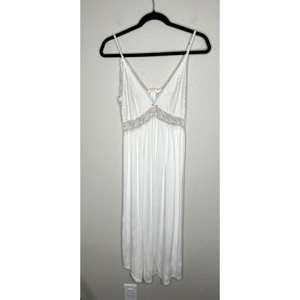 Eberjey Colette Madame Gown M White Lace Sheer Side Slits Maxi Long Nightgown